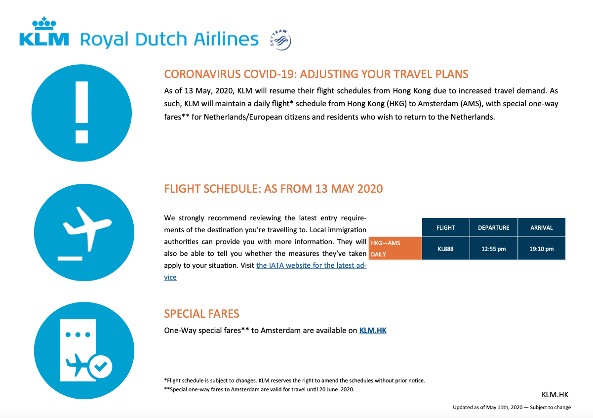 KLM will resume daily flight schedule Dutch Chamber of Commerce in Hong Kong